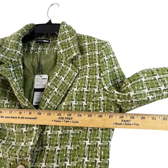 Fashion Nova Christine Tweed Cropped Blazer Jacket L Green White Dressy Preppy - Picture 10 of 10